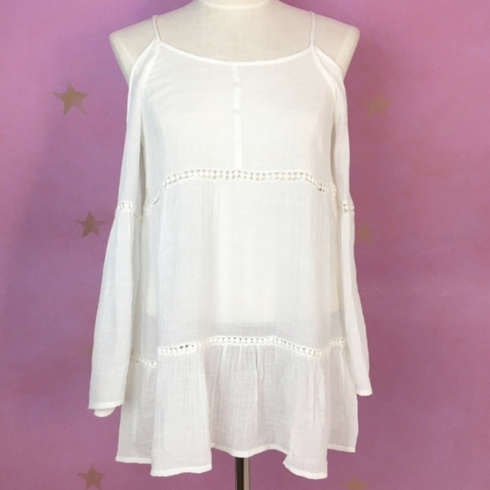 Haute Society White Cold Shoulder Flowy Boho Tunic Top Women's Small S Bohemian